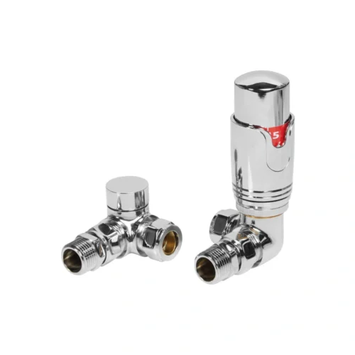 Round Thermostatic Chrome Radiator Valves – Corner / Angled Pair, 15mm