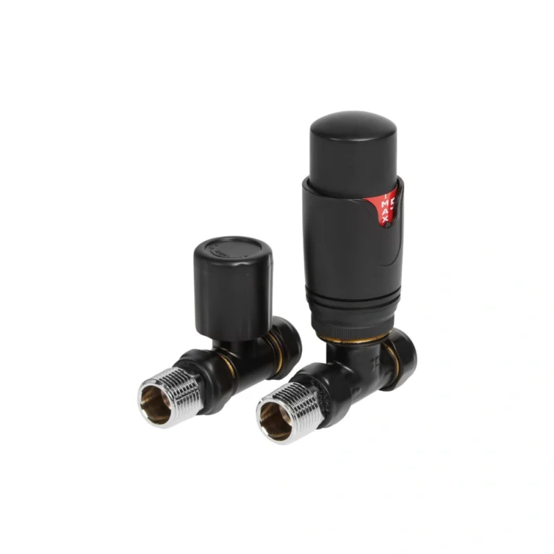 Round Thermostatic Matt Black Radiator Valves Straight 15mm Pair
