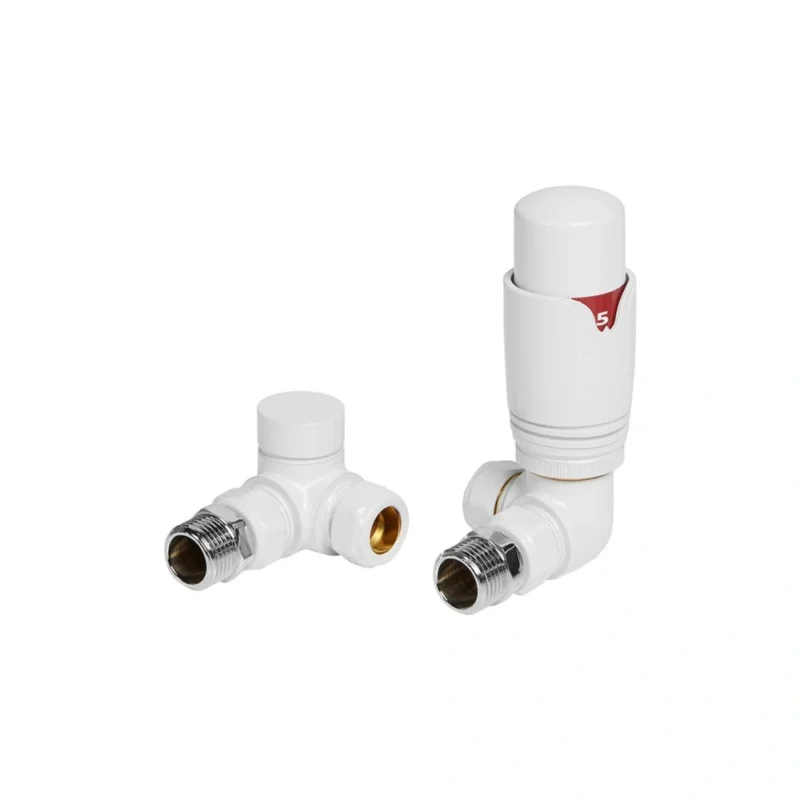 Round Thermostatic White Radiator Valves Corner 15mm Pair