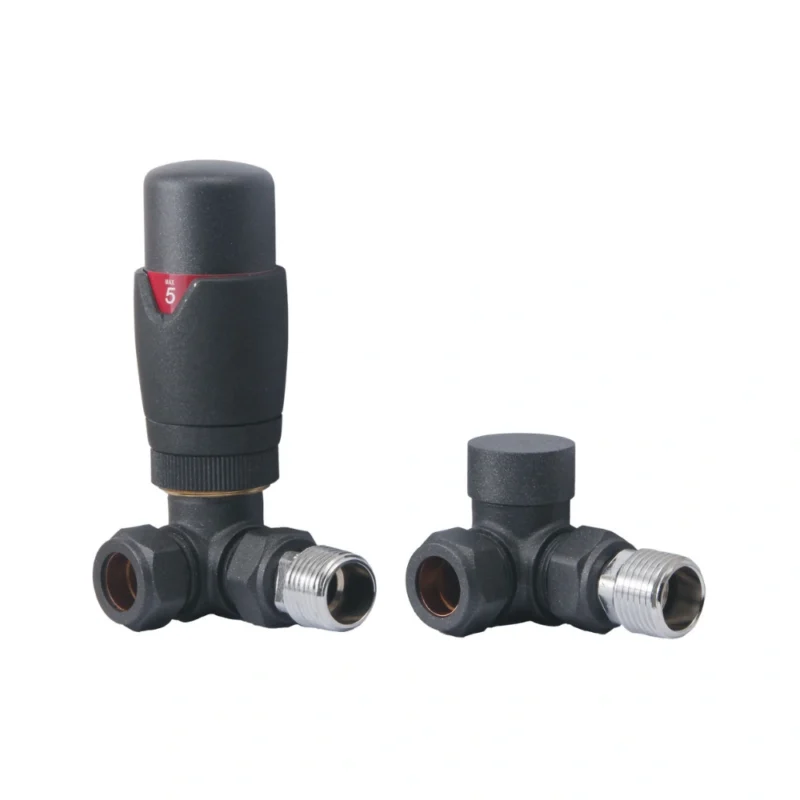 Round Thermostatic Anthracite Radiator Valves – Corner 15mm Pair