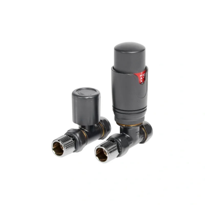 Round Thermostatic Anthracite Radiator Valves – Straight 15mm Pair
