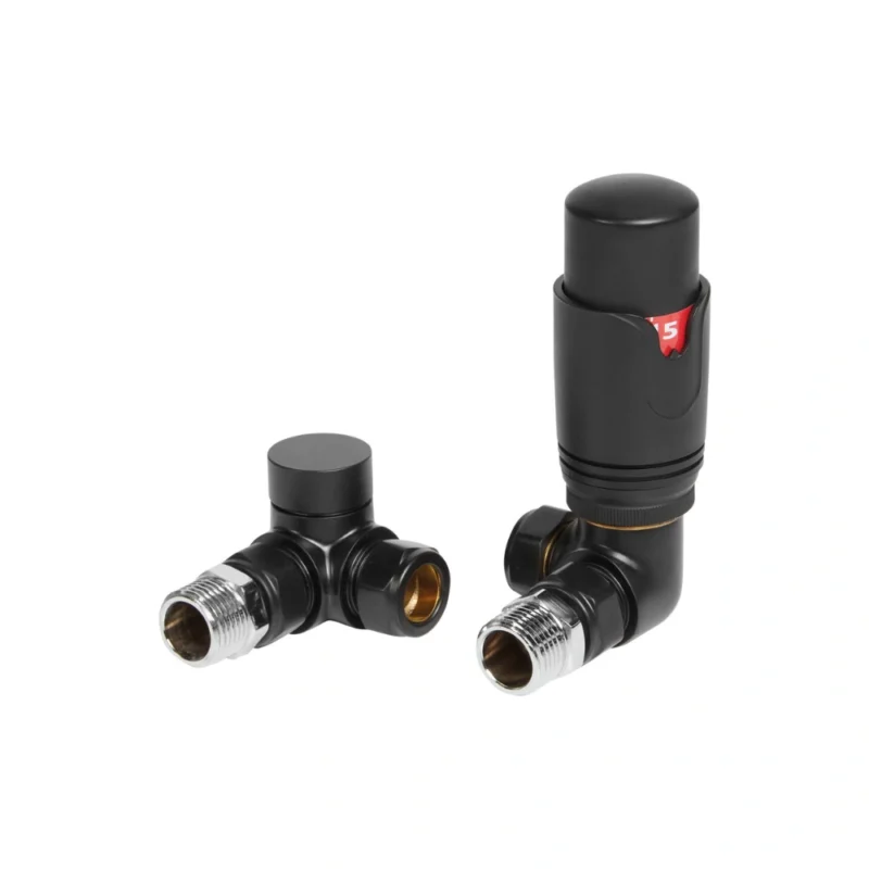 Round Thermostatic Matt Black Radiator Valves – Corner 15mm Pair