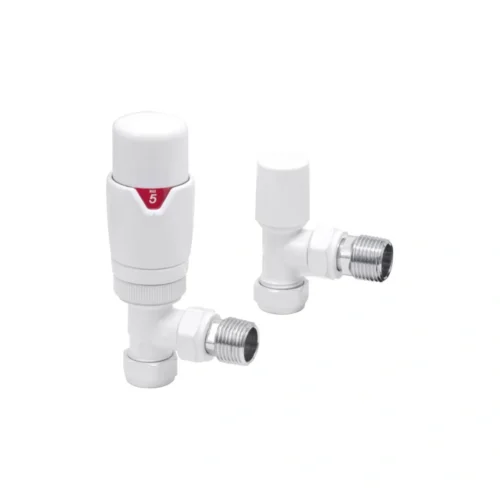 Round Thermostatic White Radiator Valves – Angled 15mm Pair