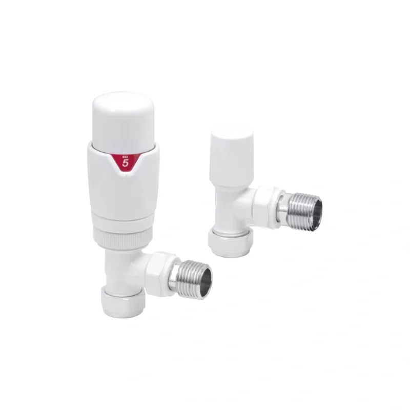 Round Thermostatic White Radiator Valves – Angled 15mm Pair
