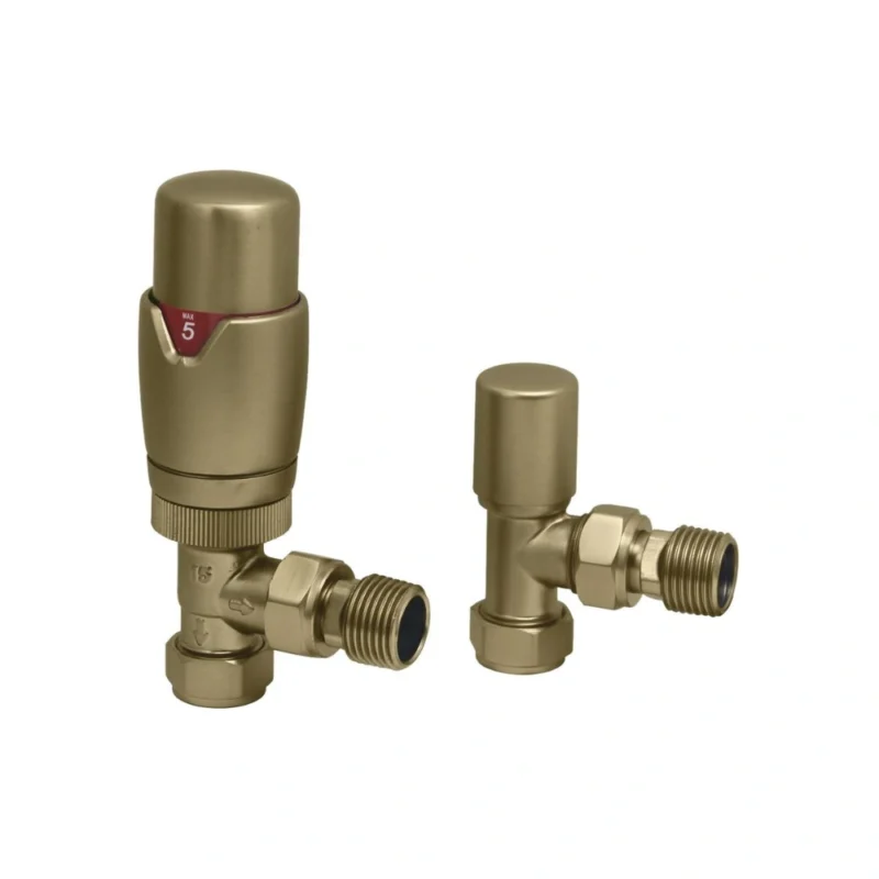 Round Brushed Brass Angled Thermostatic Radiator Valves 15mm Pair