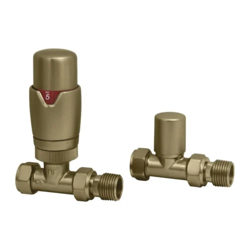 Round Brushed Brass Straight Thermostatic Radiator Valves 15mm Pair