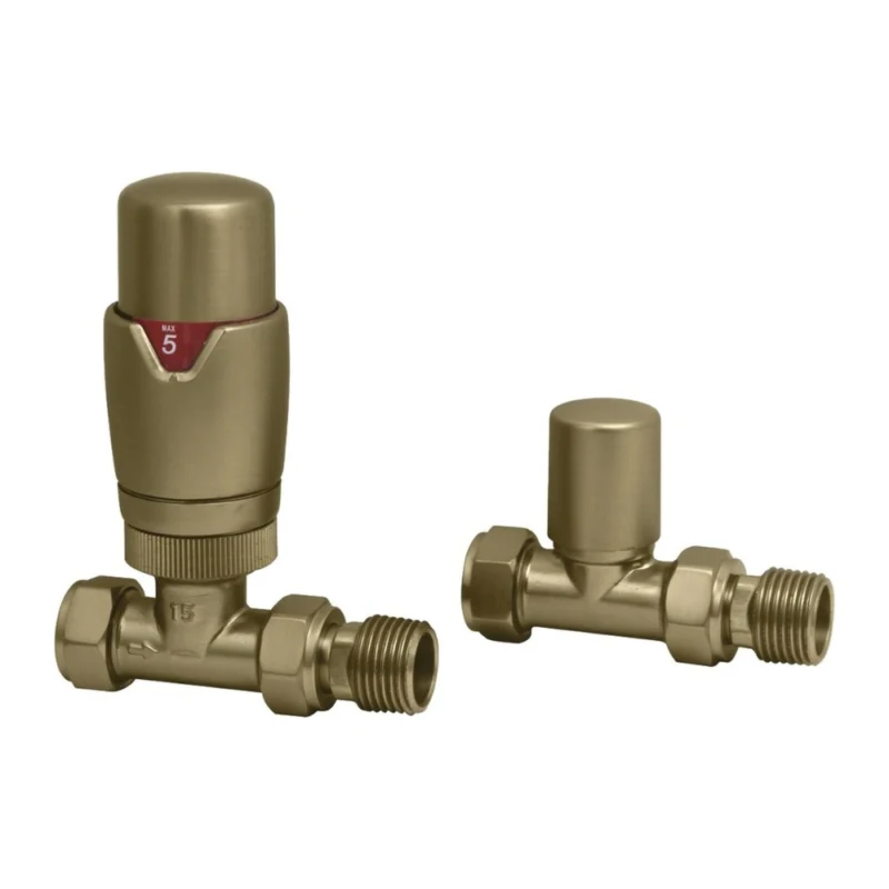 Round Brushed Brass Straight Thermostatic Radiator Valves 15mm Pair