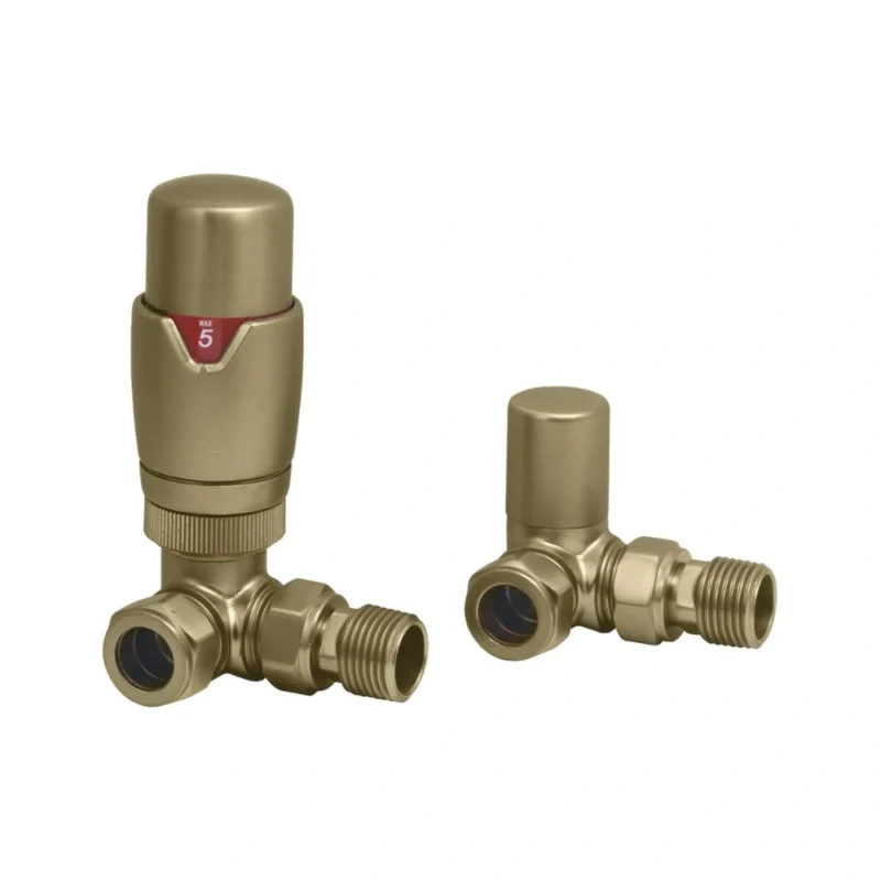 Round Brushed Brass Corner Thermostatic Radiator Valves 15mm Pair