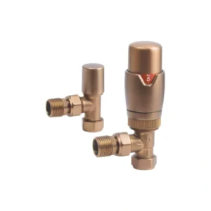 Round Brushed Bronze Angled Thermostatic Radiator Valves 15mm Set
