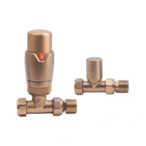 Round Brushed Bronze Straight Thermostatic Radiator Valves 15mm Set