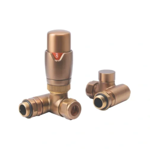Round Brushed Bronze Corner Thermostatic Radiator Valves 15mm Set