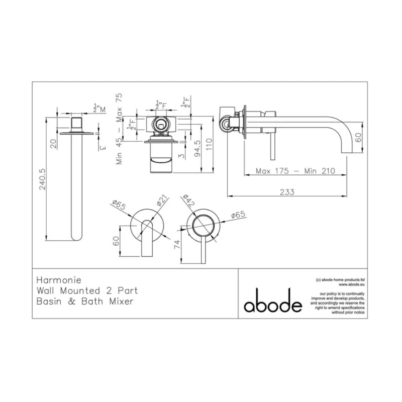 Abode Harmonie Wall Mounted 2‑Part Basin & Bath Mixer Tap – Polished Chrome