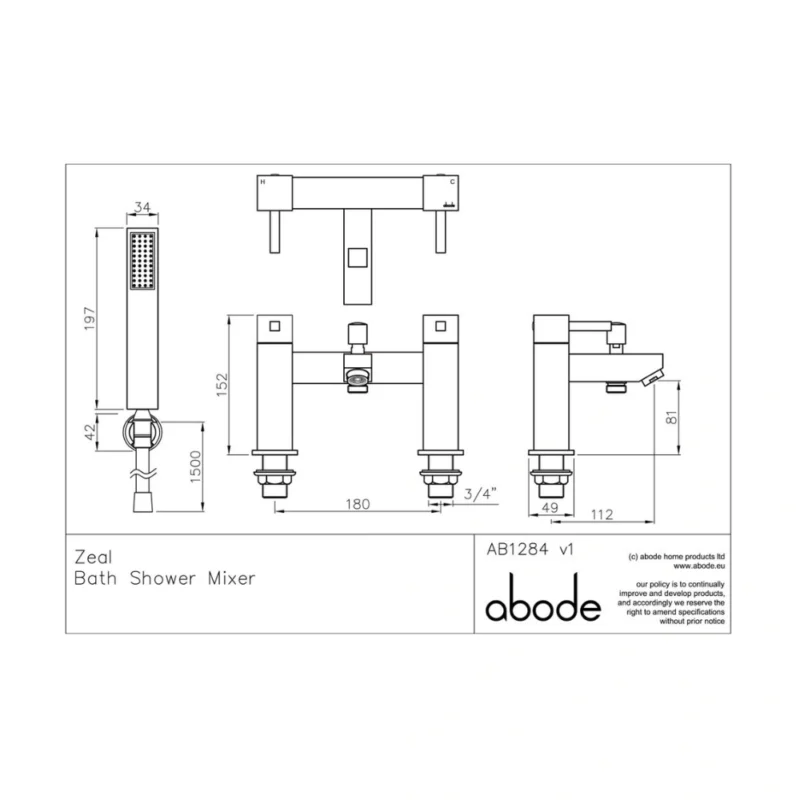 Abode Zeal Deck Mounted Bath Shower Mixer with Handset – Polished Chrome