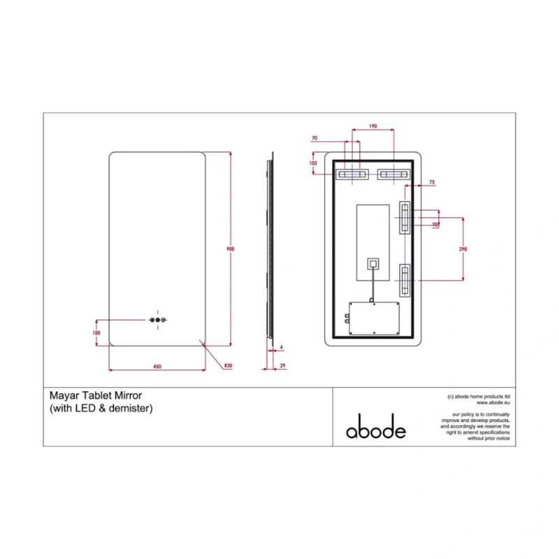 Abode Aruna 450 x 900mm Frameless Tablet LED Mirror with Demister