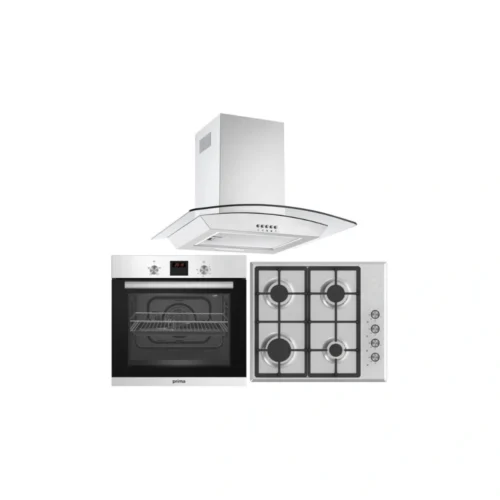 Prima Built‑In Oven, Gas Hob & Curved Glass Chimney Hood Pack – Stainless Steel