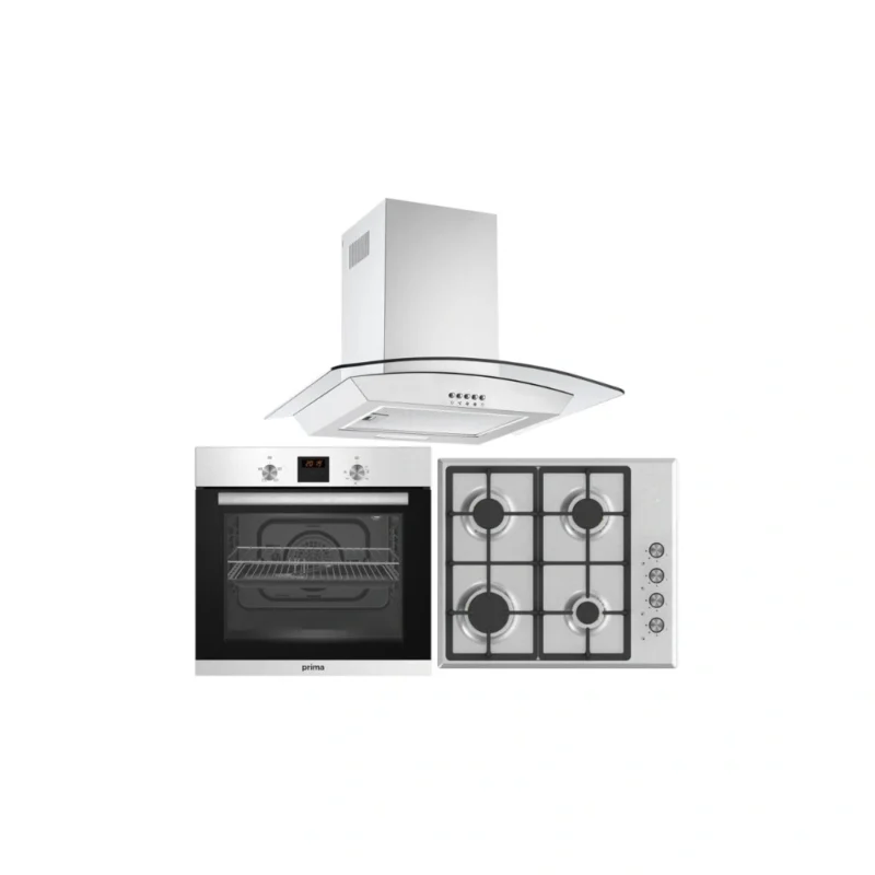 Prima Built‑In Oven, Gas Hob & Curved Glass Chimney Hood Pack – Stainless Steel