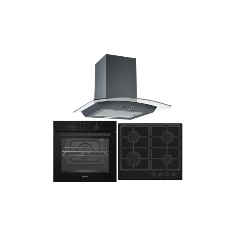 Prima Built‑In Oven, Gas Hob & Curved Glass Chimney Hood Pack – Black