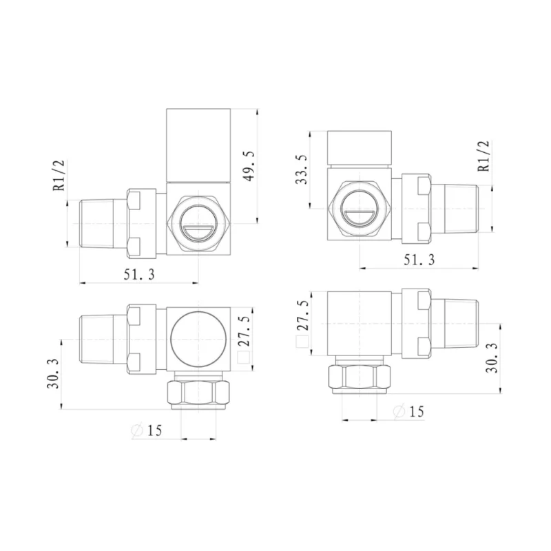Square Chrome Corner Radiator Valves 15mm Pair