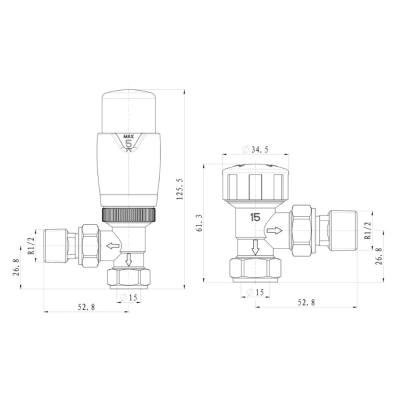 Round Thermostatic Chrome Radiator Valves Angled 15mm Pair
