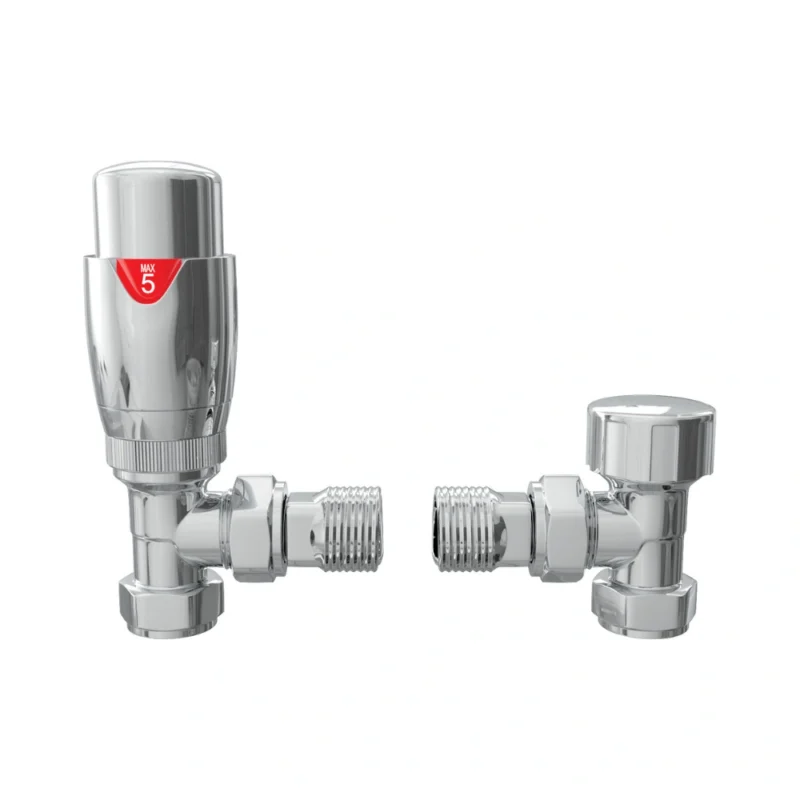 Round Thermostatic Chrome Radiator Valves Angled 15mm Pair