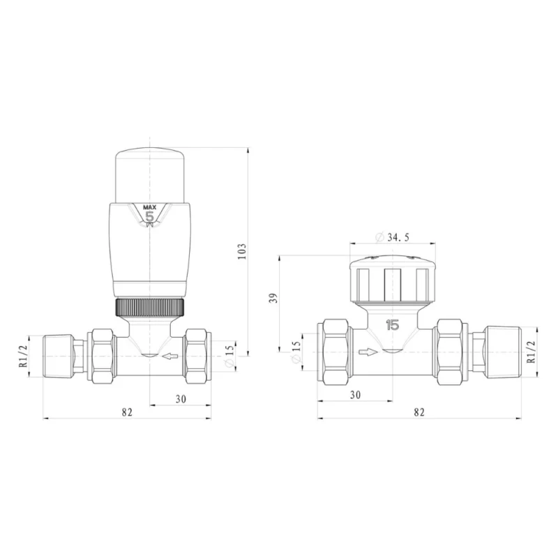 Round Thermostatic Chrome Radiator Valves Straight 15mm Pair