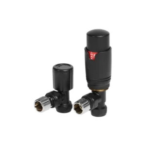 Matt Black Angled Thermostatic Radiator Valves – Round Head, 15mm Pair