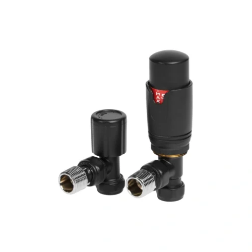 Matt Black Angled Thermostatic Radiator Valves – Round Head, 15mm Pair