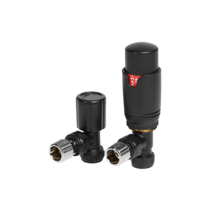 Matt Black Angled Thermostatic Radiator Valves – Round Head, 15mm Pair