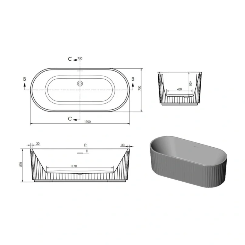 Juniper Fluted Freestanding Bath – 1700 x 750 x 570mm – 0TH – Gloss White
