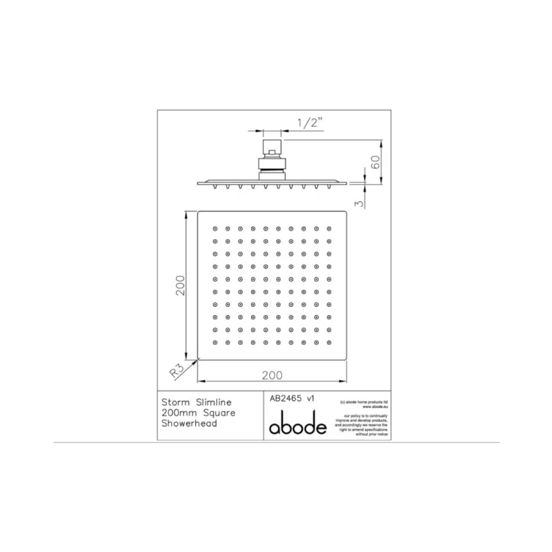 Abode Storm Slimline 200mm Square Showerhead – Stainless Steel