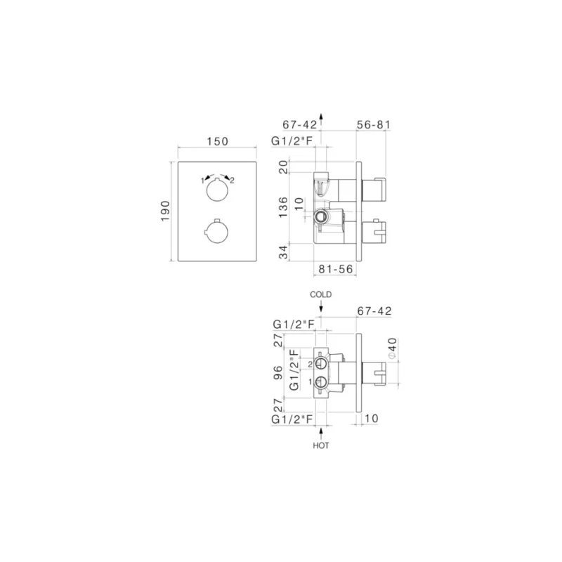 Vema Rectangular Two Outlet Thermostatic Mixer Valve