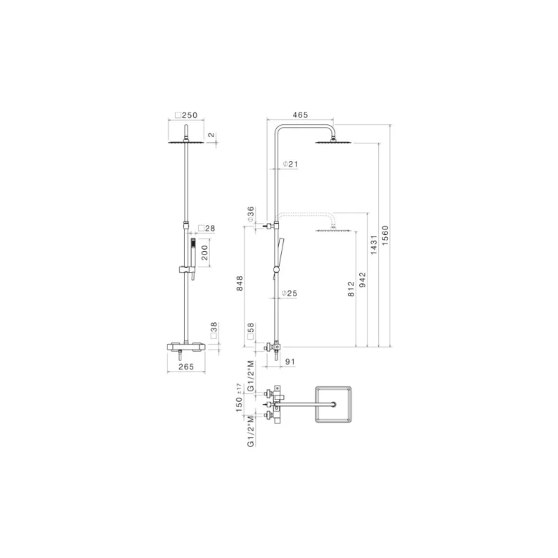 Vema Thermostatic Square Bar Valve w/Fixed Head & Riser - Chrome