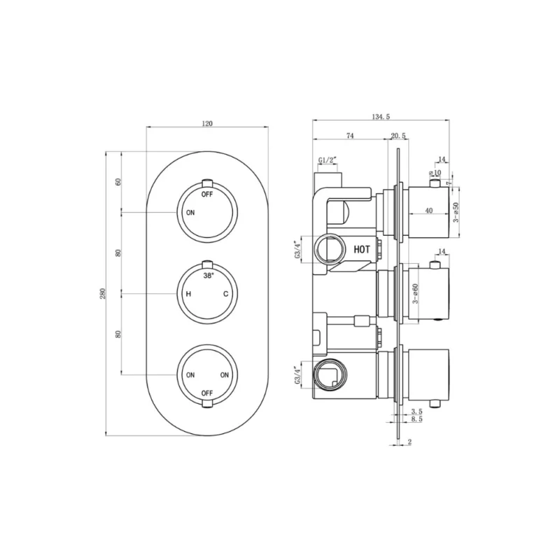 Aurora Thermostatic Three Outlet Triple Shower Valve - Chrome