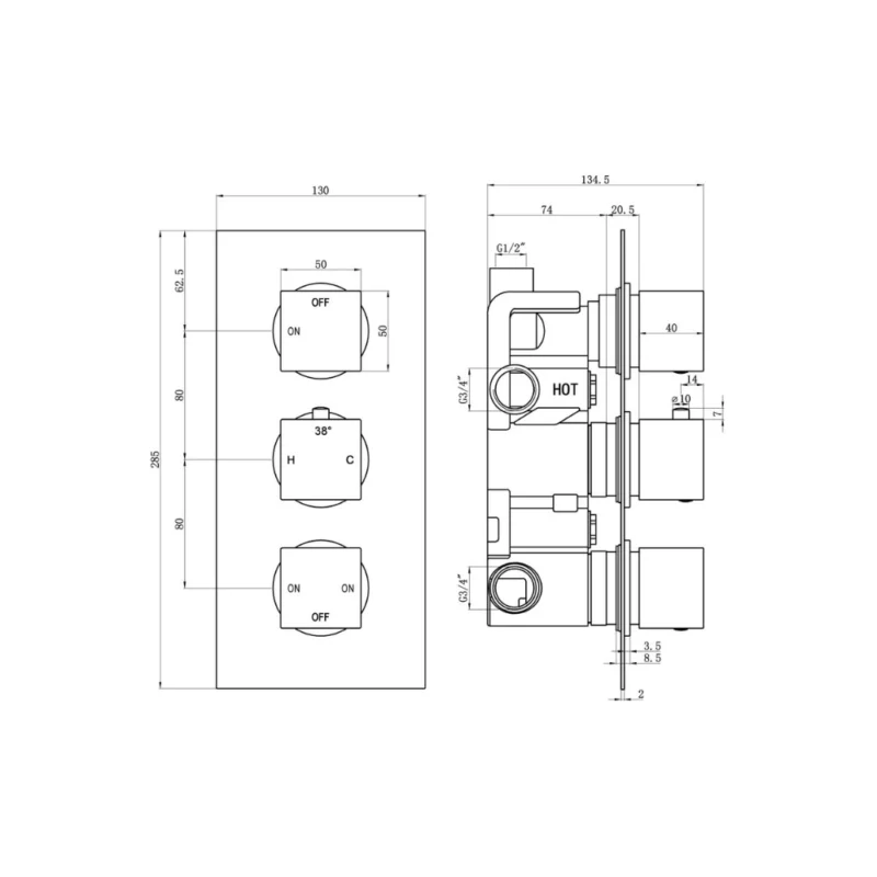 Cosmic Thermostatic Three Outlet Triple Shower Valve - Chrome