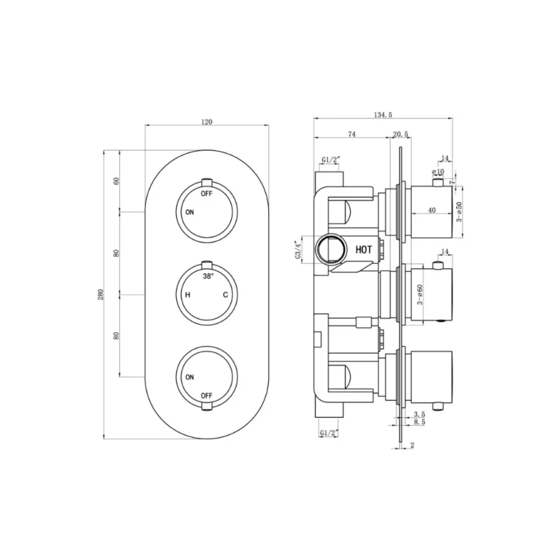 Aurora Thermostatic Two Outlet Triple Shower Valve - Chrome