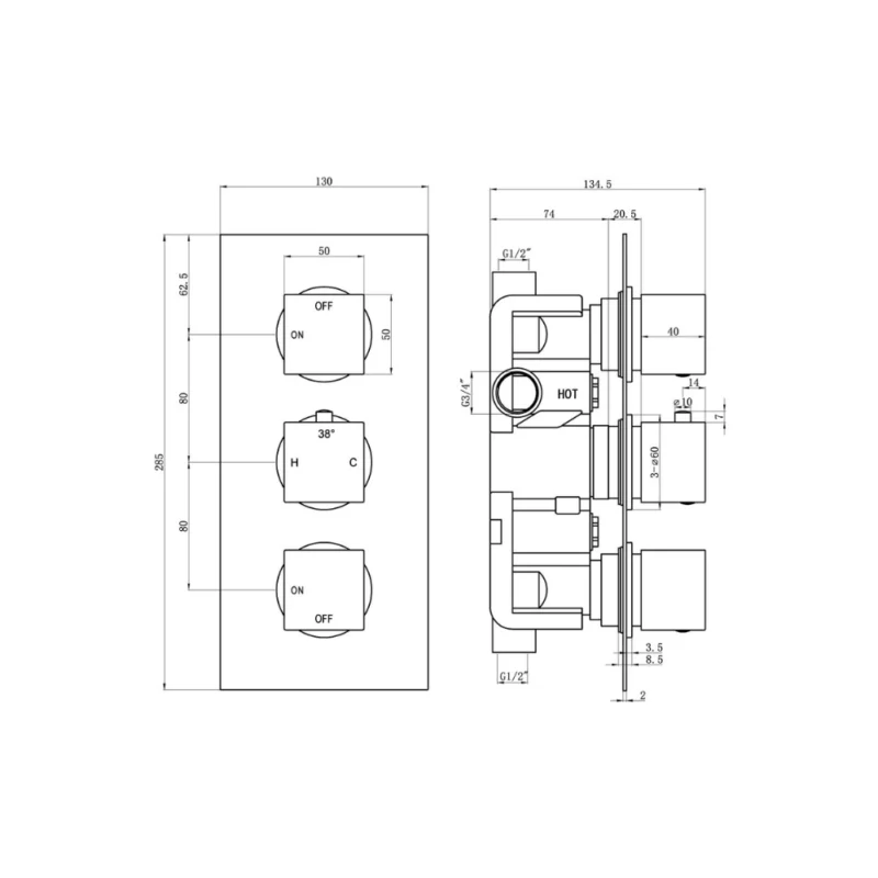 Cosmic Thermostatic Two Outlet Triple Shower Valve - Chrome