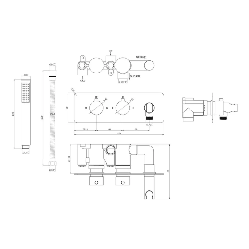 Full Basin (4)-2 Ellis Thermostatic Two Outlet Shower Valve w/Handset - Chrome