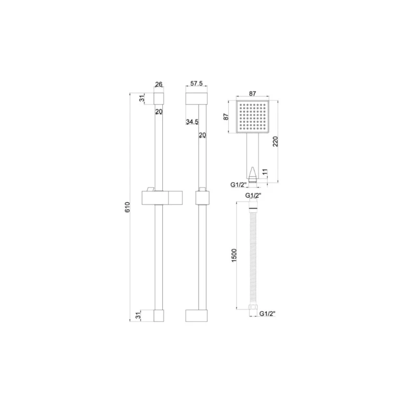 Cosmic Square Slider Rail Kit & Single Mode Handset - Chrome