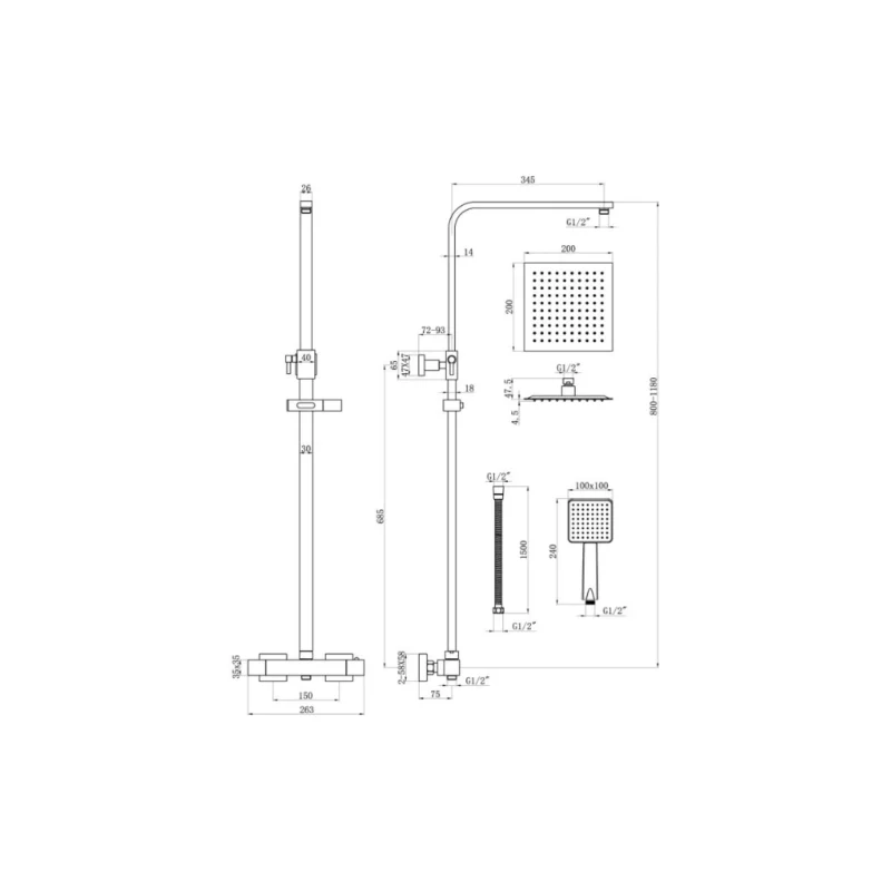 Cosmic Square Thermostatic Bar Mixer w/Riser Kit - Chrome