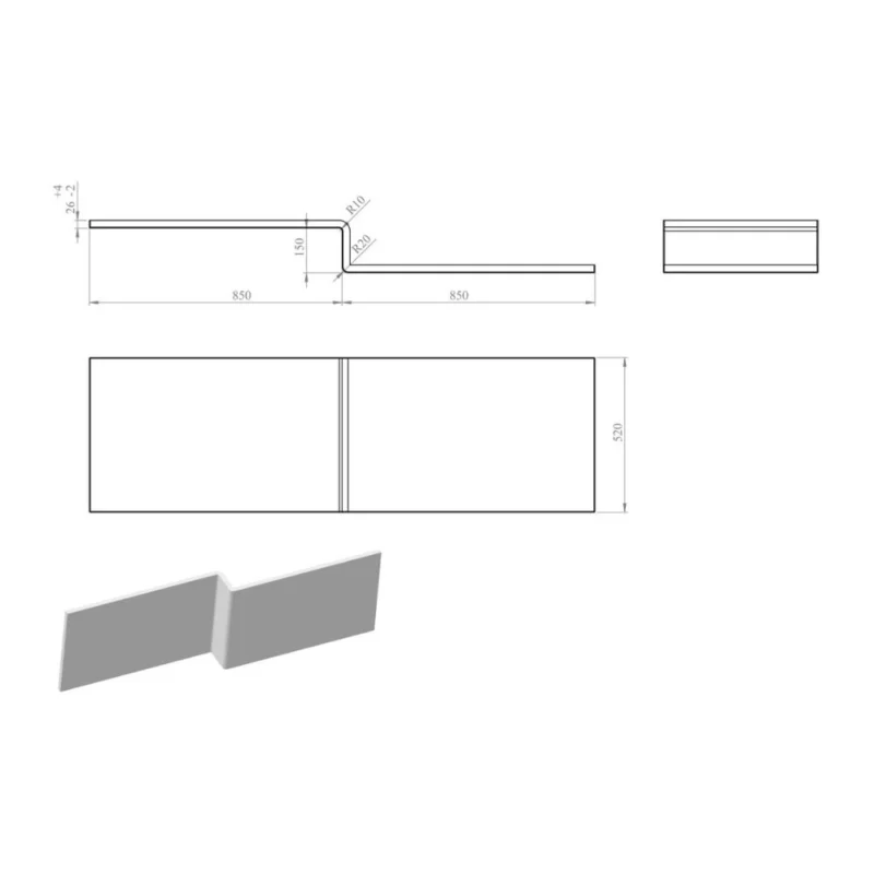 1700mm L Shape Front Bath Panel - White