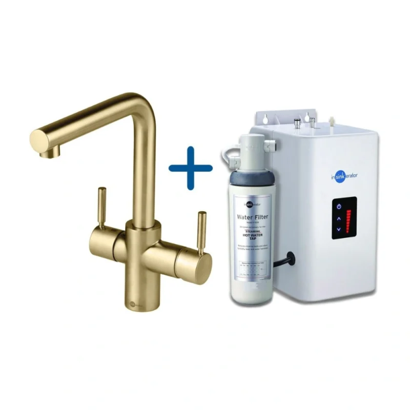 InSinkErator 3N1 L‑Shape Boiling Water Tap, Neo Tank & Filter Pack – Brushed Gold