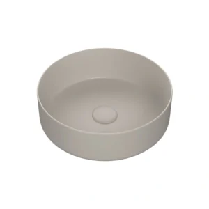 Seren 355mm round countertop ceramic washbowl in Matt Latte finish with matching waste – modern bathroom basin