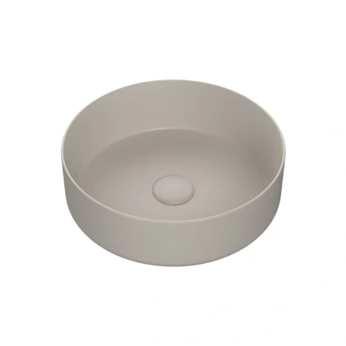 Seren 355mm round countertop ceramic washbowl in Matt Latte finish with matching waste – modern bathroom basin