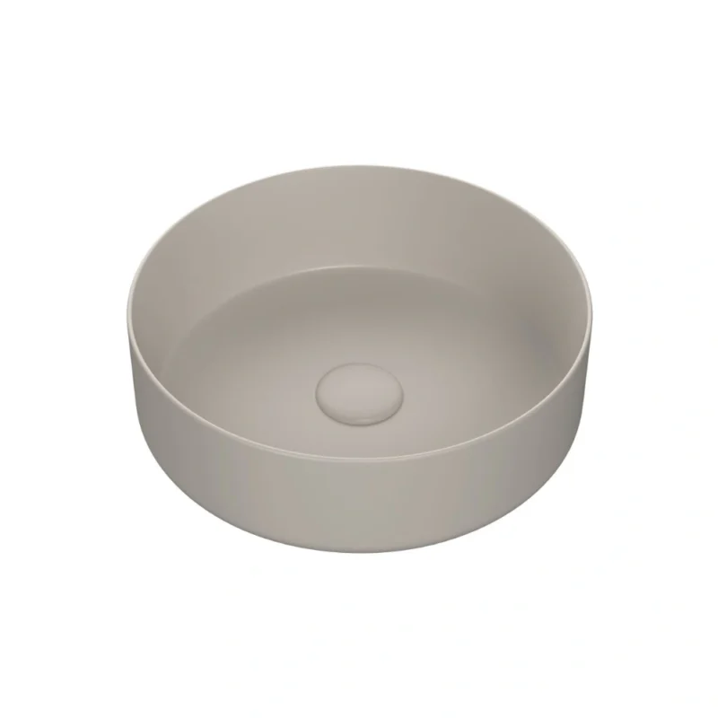 Seren 355mm round countertop ceramic washbowl in Matt Latte finish with matching waste – modern bathroom basin