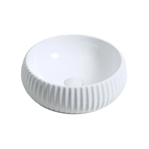 Yoko 400mm textured round white ceramic countertop washbowl with ribbed exterior – modern vessel basin