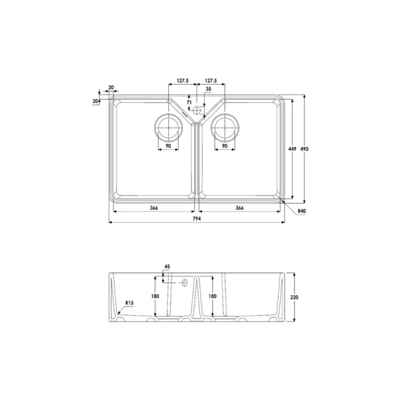 Abode Provincial Large 2 Bowl Undermount Fireclay Sink – White